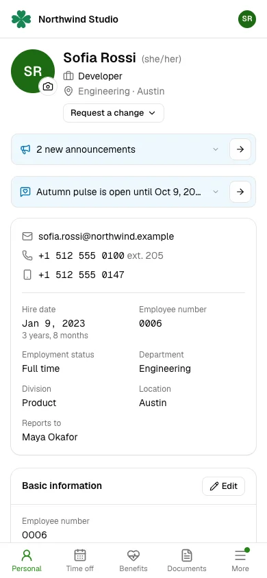 CloverHR My info on a phone, showing an employee's own profile