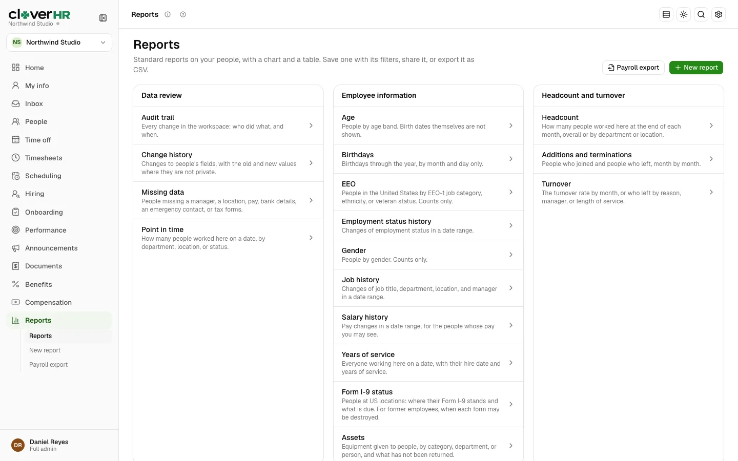 The CloverHR reports page listing standard and saved reports